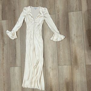 knee length dresses for ladies La Lune Frill Cuff Bias Midi Dress | Cream | Dresses main image 1